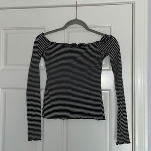 Off the shoulder long sleeved striped shirt